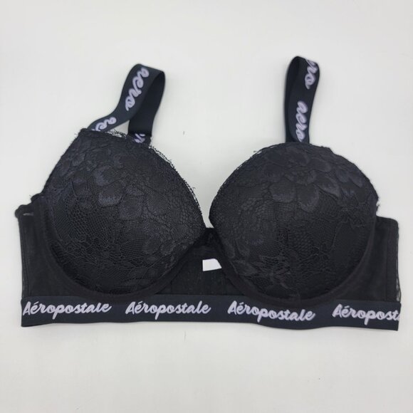 Aeropostale Bra Black Padded Underwire Wide Strap Spellout‎ Logo Push-Up Bra 38C - Picture 1 of 6